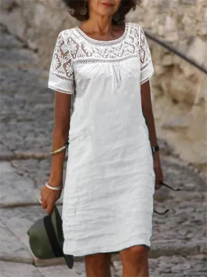 Women Casual Short Sleeve Boho Lace Loose Midi Dress Cotton Linen Crewneck Mesh Summer Flowy Beach Shift Dress 2024