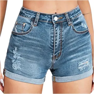Women Casual Summer Denim Shorts High Waisted Sexy Booty Hot Pants Stretchy Rolled Hem Travel Club Denim Shorts