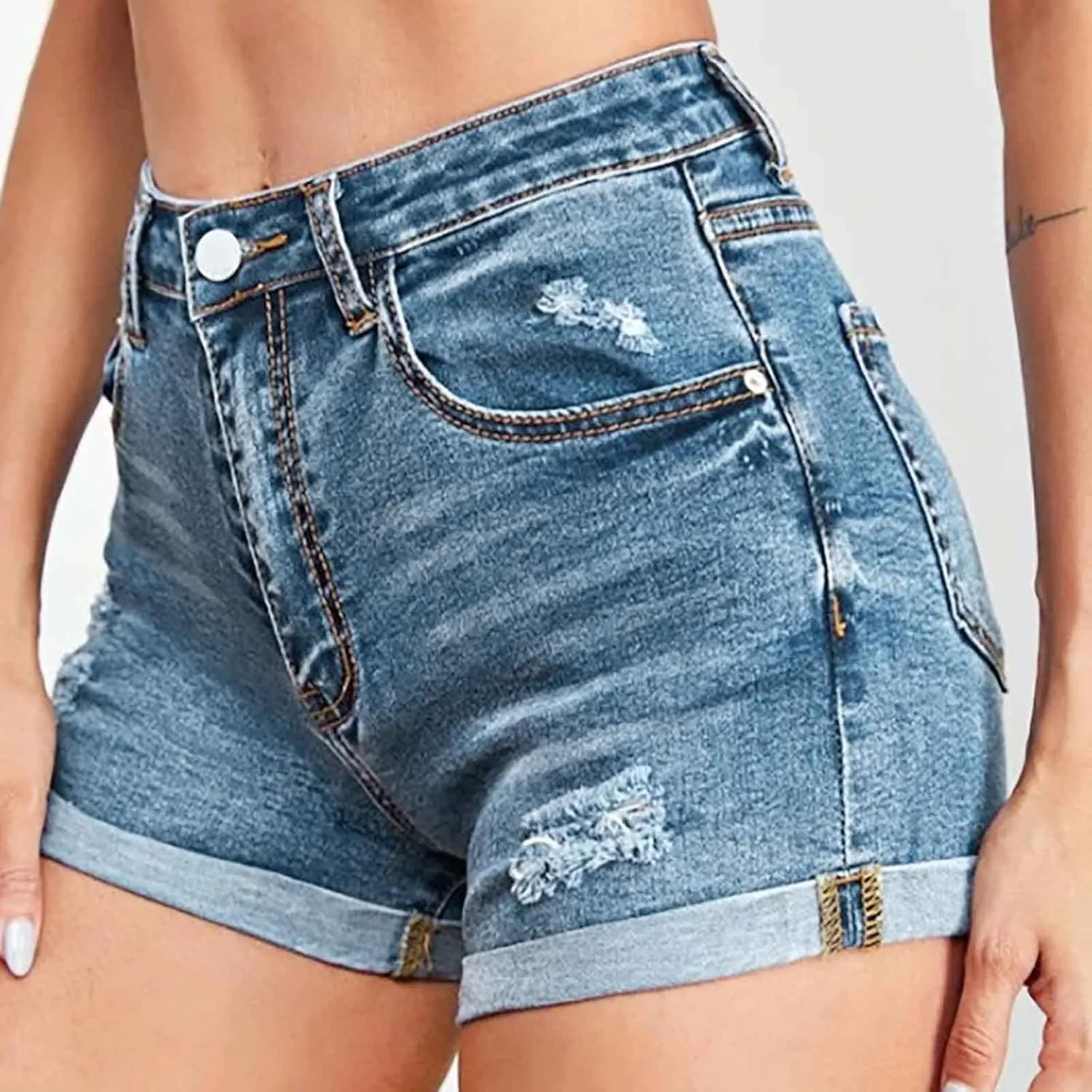 Women Casual Summer Denim Shorts High Waisted Sexy Booty Hot Pants Stretchy Rolled Hem Travel Club Denim Shorts