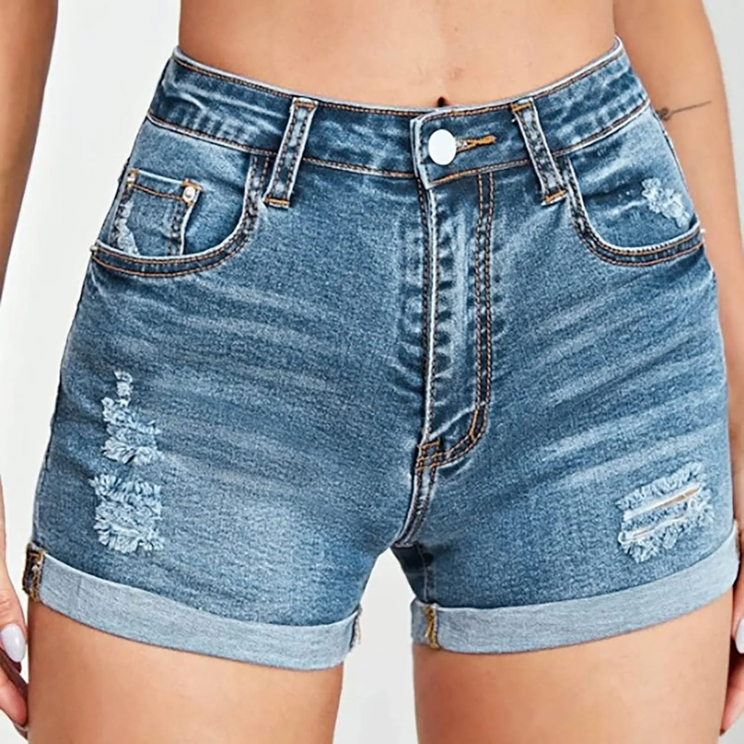 Women Casual Summer Denim Shorts High Waisted Sexy Booty Hot Pants Stretchy Rolled Hem Travel Club Denim Shorts