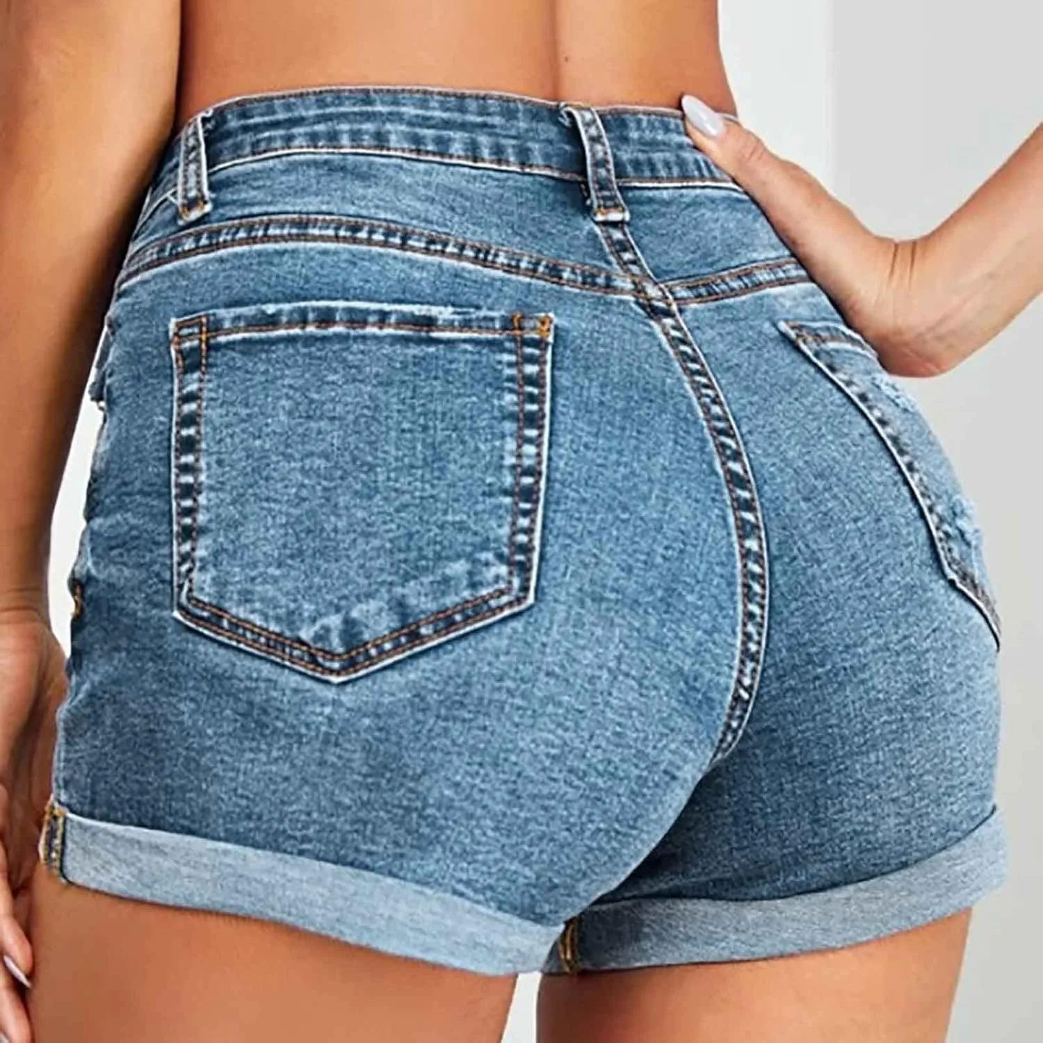 Women Casual Summer Denim Shorts High Waisted Sexy Booty Hot Pants Stretchy Rolled Hem Travel Club Denim Shorts