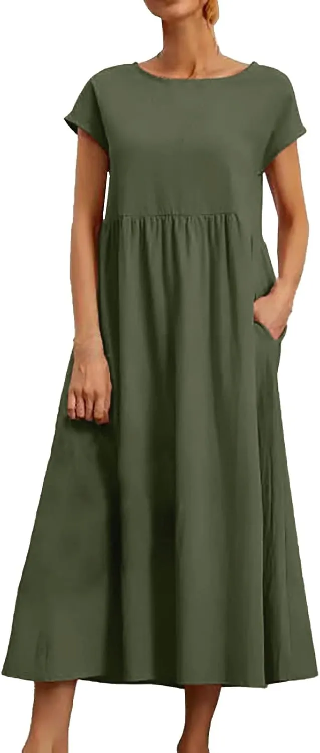 Women Cotton Maxi Dress 2024 Casual O Neck Cap Sleeve Midi Dress Summer Loose Fit Sundress with Pockets