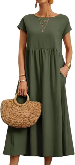 Women Cotton Maxi Dress 2024 Casual O Neck Cap Sleeve Midi Dress Summer Loose Fit Sundress with Pockets