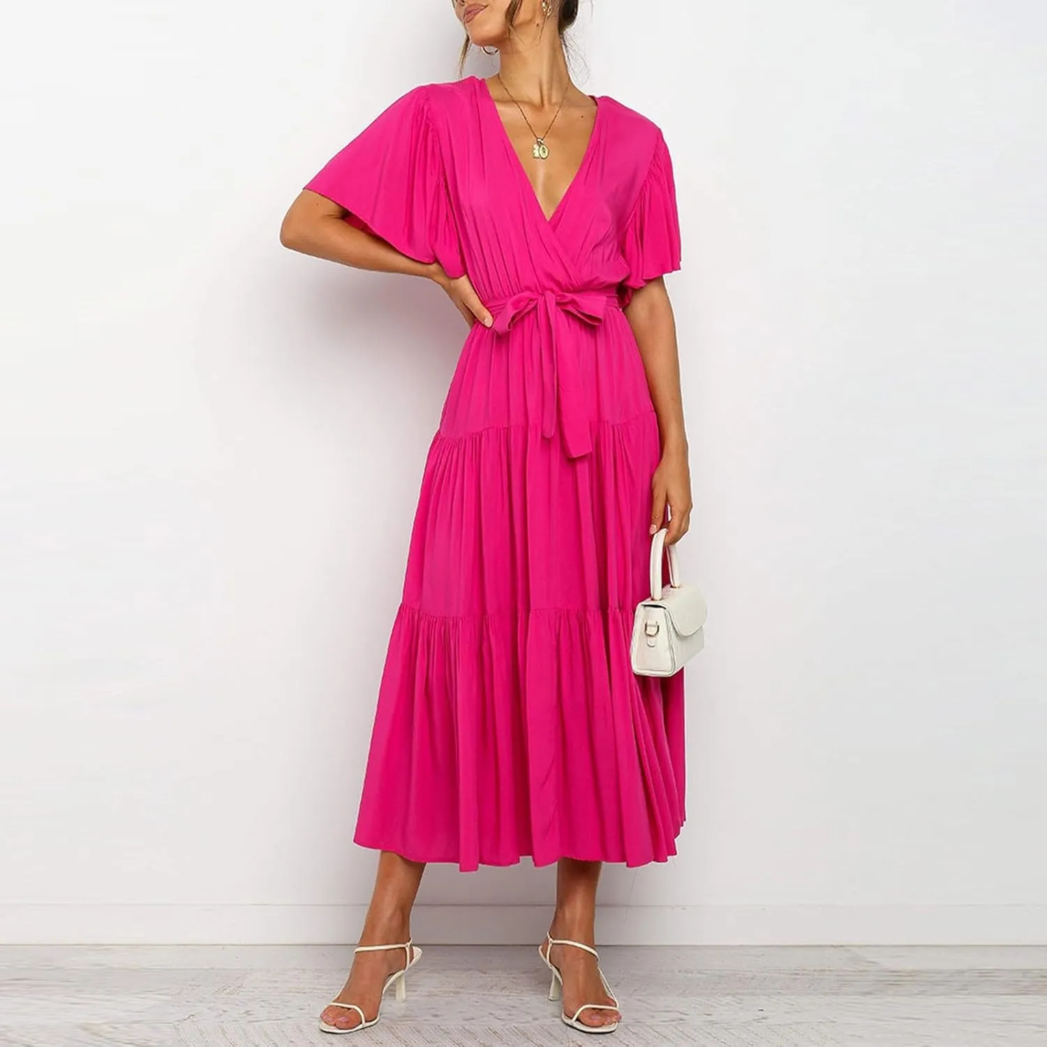 Women Dress Spring Ruffle Dress Short Sleeve V Neck A Line Dresses Empire Waist Wedding Dresses Summer with Belt