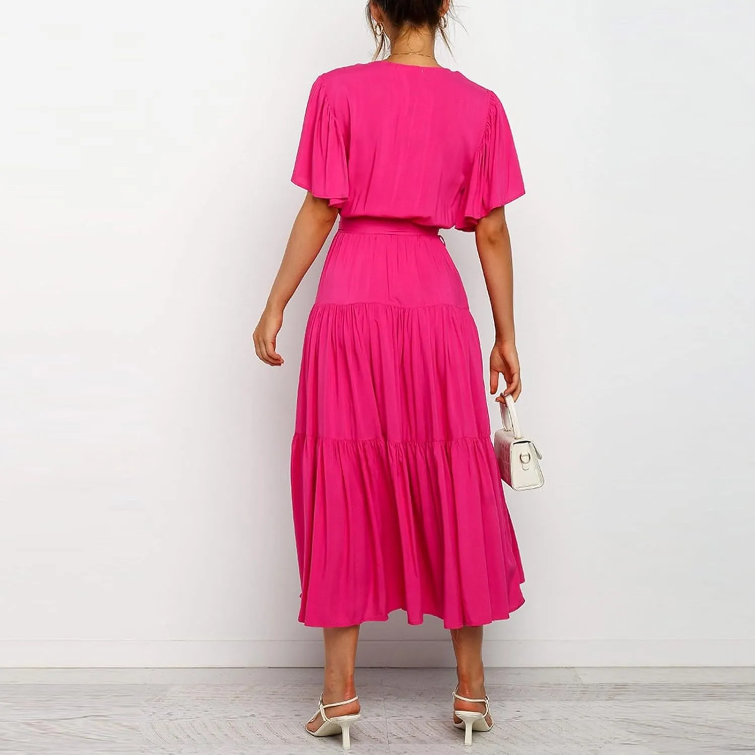 Women Dress Spring Ruffle Dress Short Sleeve V Neck A Line Dresses Empire Waist Wedding Dresses Summer with Belt