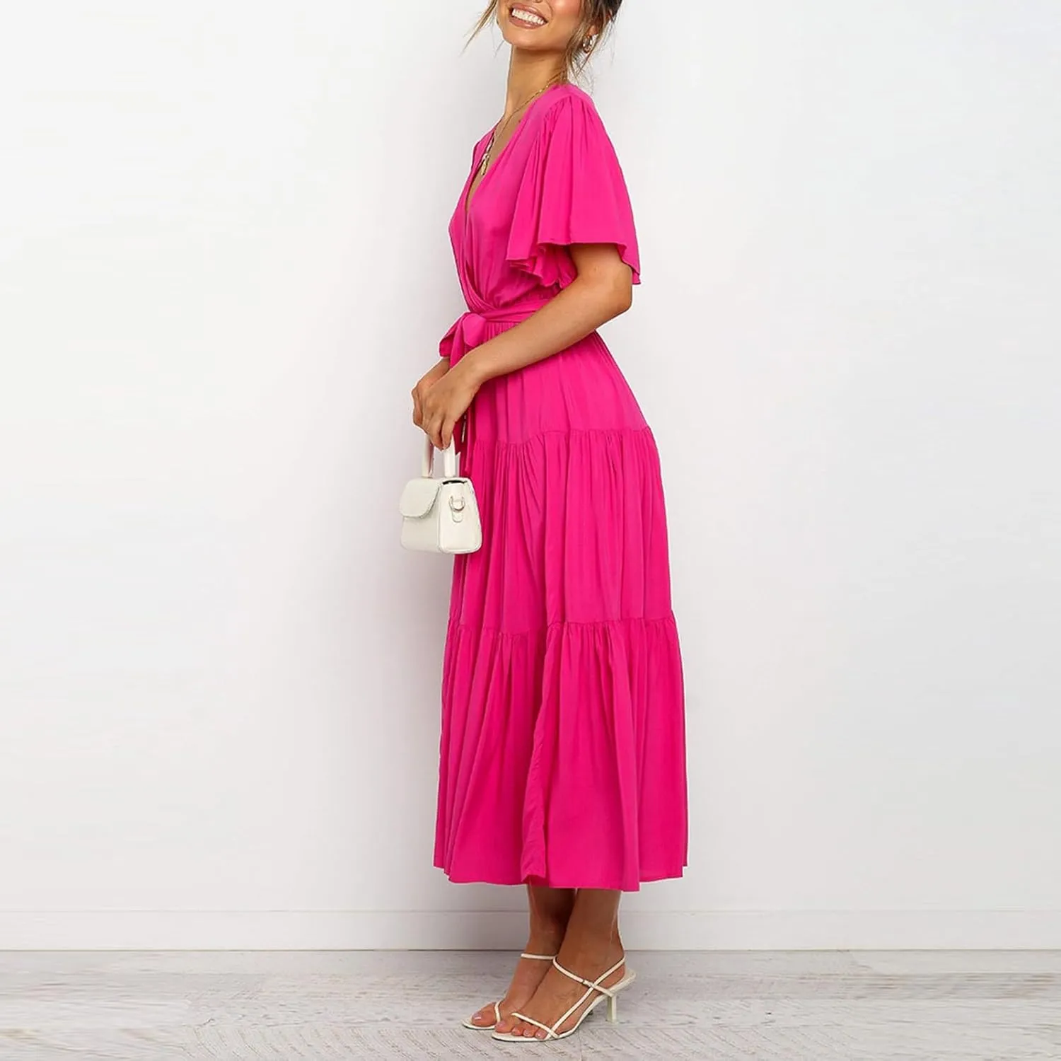 Women Dress Spring Ruffle Dress Short Sleeve V Neck A Line Dresses Empire Waist Wedding Dresses Summer with Belt