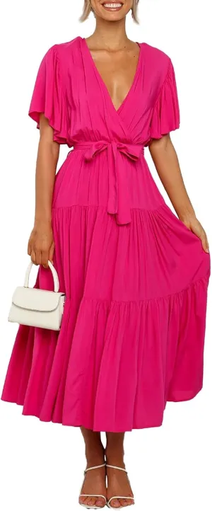 Women Dress Spring Ruffle Dress Short Sleeve V Neck A Line Dresses Empire Waist Wedding Dresses Summer with Belt