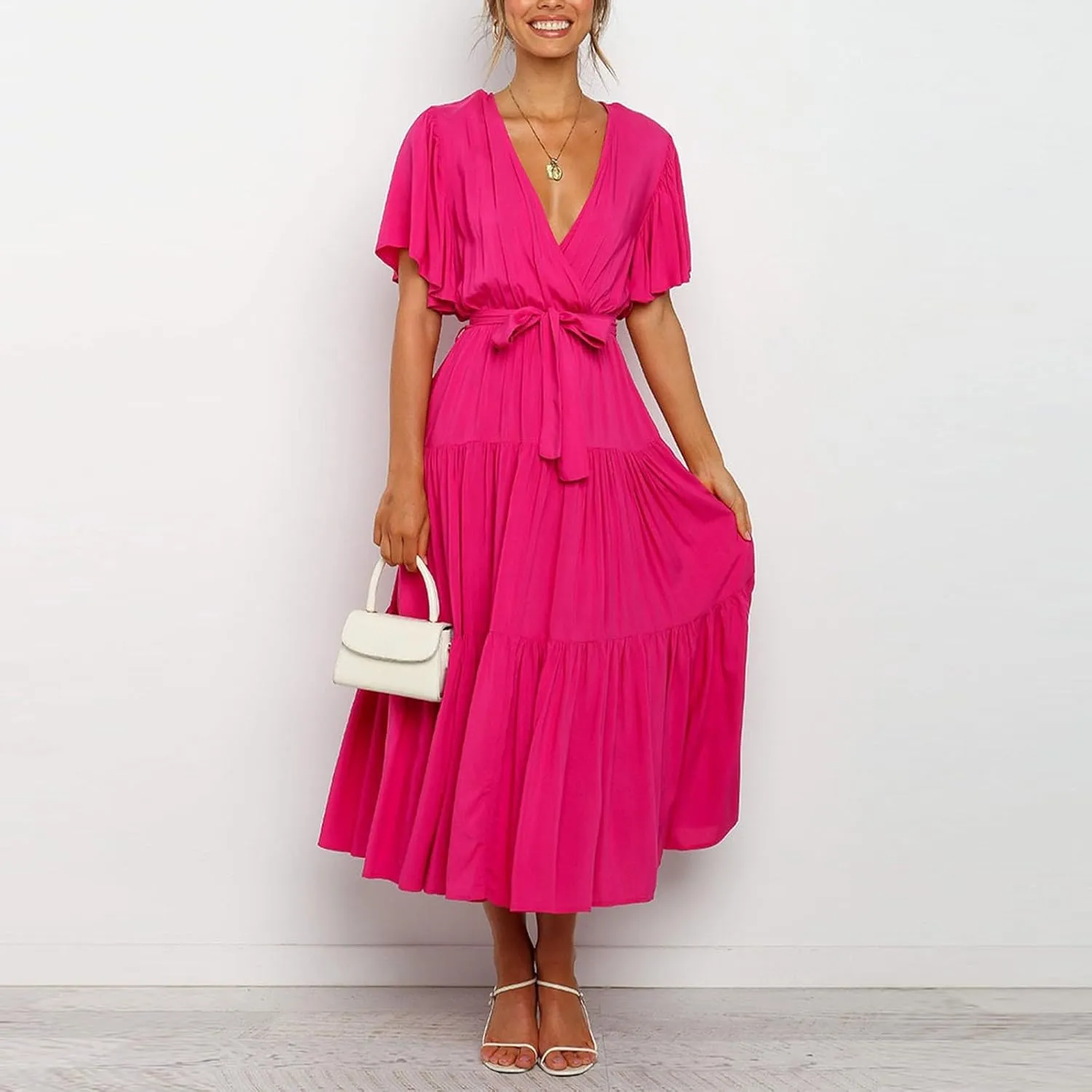 Women Dress Spring Ruffle Dress Short Sleeve V Neck A Line Dresses Empire Waist Wedding Dresses Summer with Belt