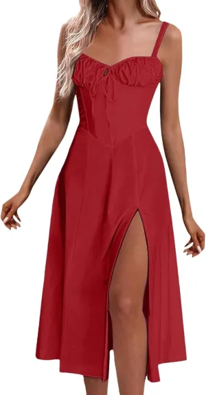 Women Floral Corset Dress Sleeveless Print Tie Dresses Spaghetti Strap Maxi Boho Flowy Slit Dress Beach Summer Dress