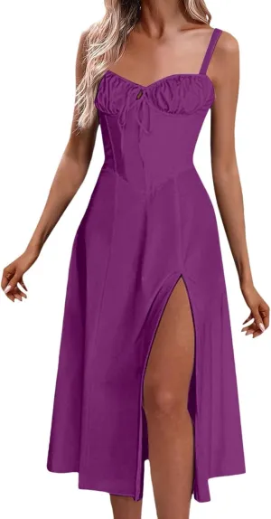 Women Floral Corset Dress Sleeveless Print Tie Dresses Spaghetti Strap Maxi Boho Flowy Slit Dress Beach Summer Dress