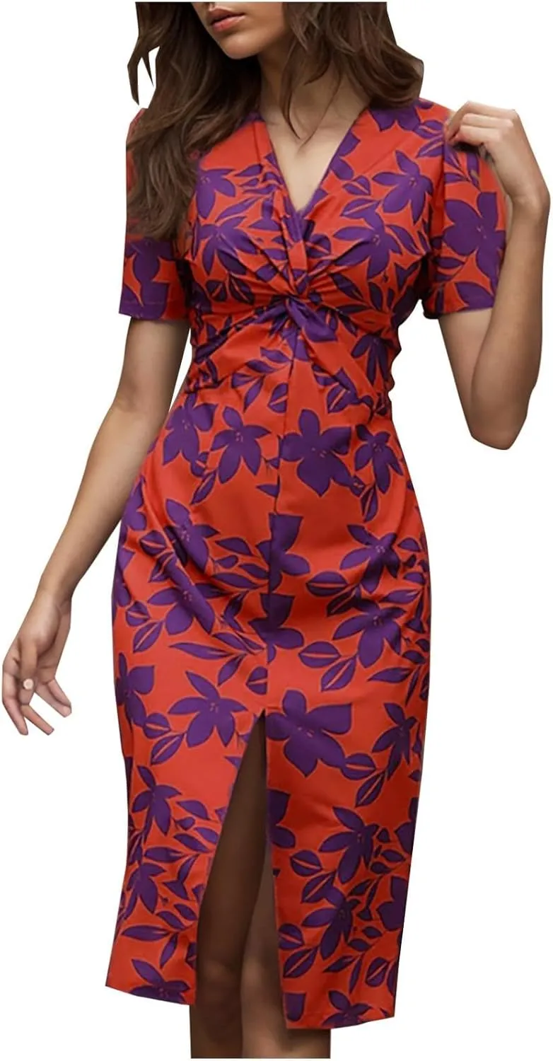 Women Floral Print Sheath Dress Elegant Twist Knot V Neck Short Sleeve Midi Dresses Fit Split Hem Office Work Dress