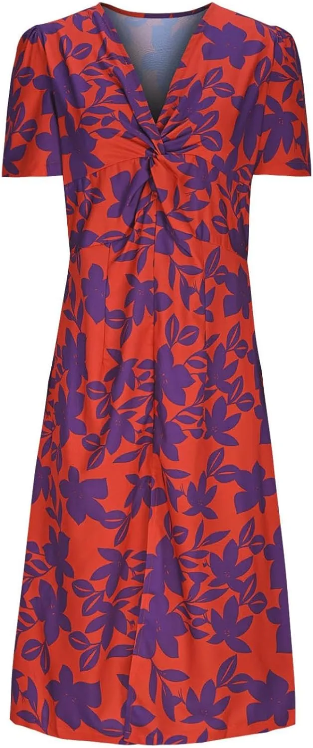 Women Floral Print Sheath Dress Elegant Twist Knot V Neck Short Sleeve Midi Dresses Fit Split Hem Office Work Dress
