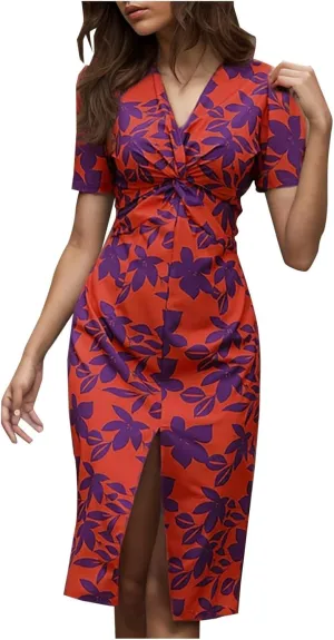 Women Floral Print Sheath Dress Elegant Twist Knot V Neck Short Sleeve Midi Dresses Fit Split Hem Office Work Dress