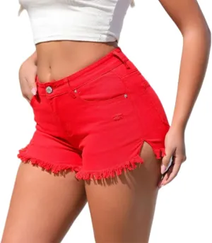 Women Pants Casual Denim Shorts Retro Solid Color High Waisted Denim Shorts Women High Waist Short (Red, M)