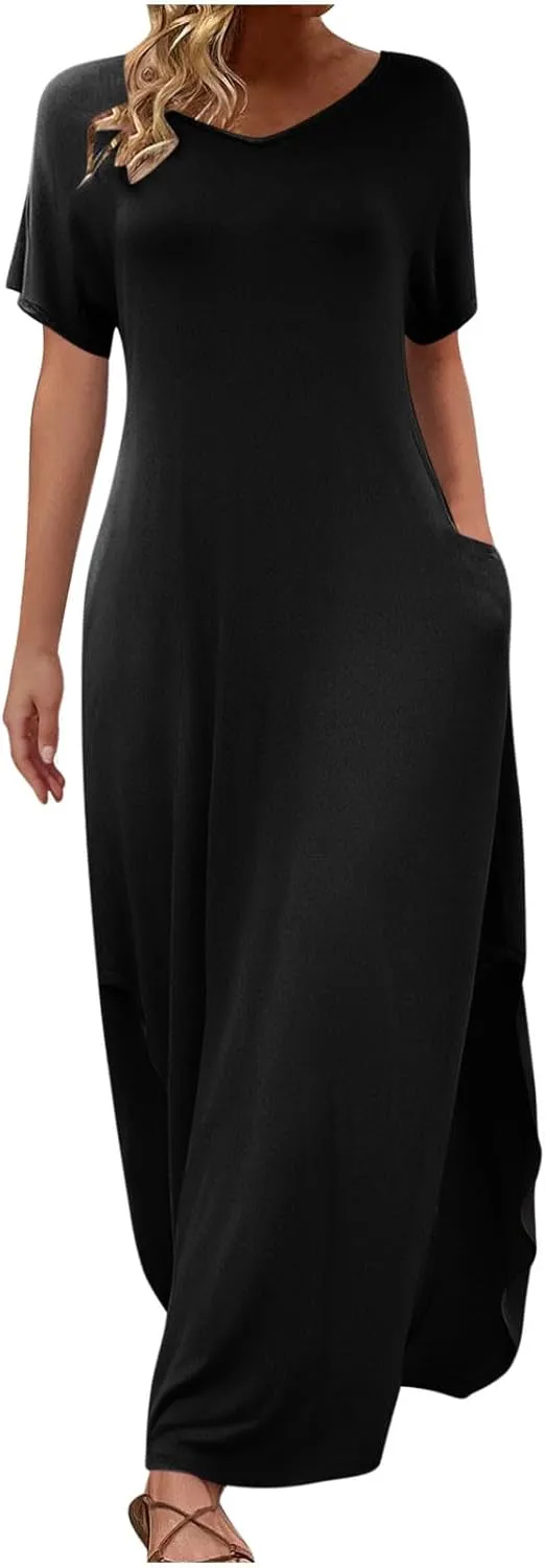 Women Summer Boho Maxi Dresses 2025 Casual Short Sleeve V Neck T Shirt Dress Split Hem A-Line Beach Dresses with Pockets