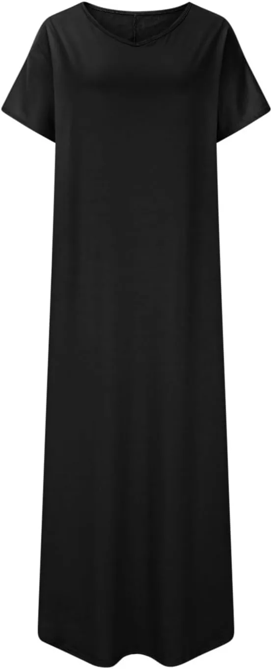 Women Summer Boho Maxi Dresses 2025 Casual Short Sleeve V Neck T Shirt Dress Split Hem A-Line Beach Dresses with Pockets