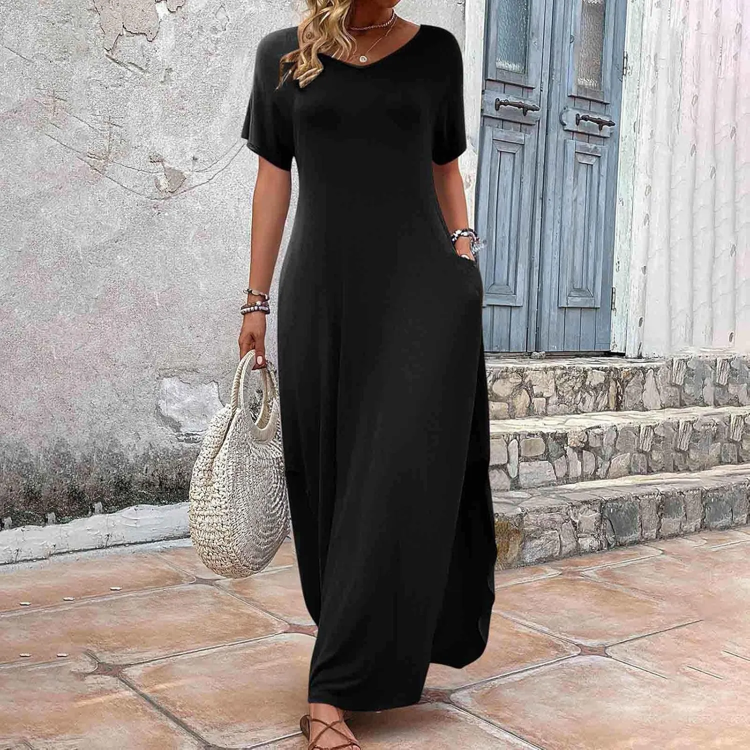 Women Summer Boho Maxi Dresses 2025 Casual Short Sleeve V Neck T Shirt Dress Split Hem A-Line Beach Dresses with Pockets
