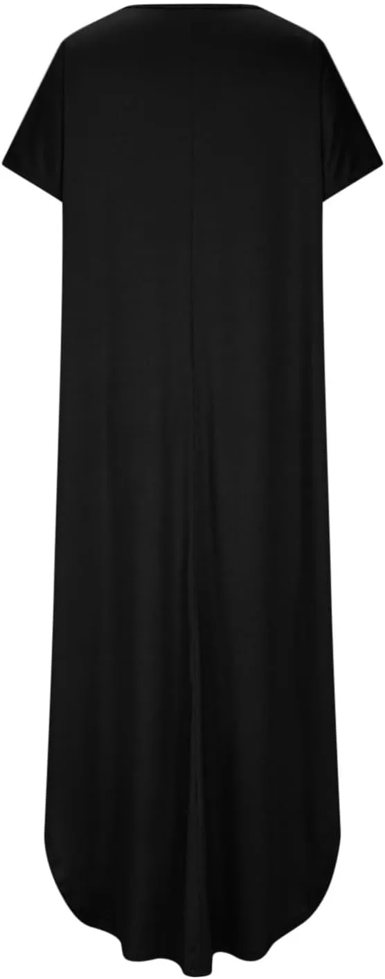 Women Summer Boho Maxi Dresses 2025 Casual Short Sleeve V Neck T Shirt Dress Split Hem A-Line Beach Dresses with Pockets