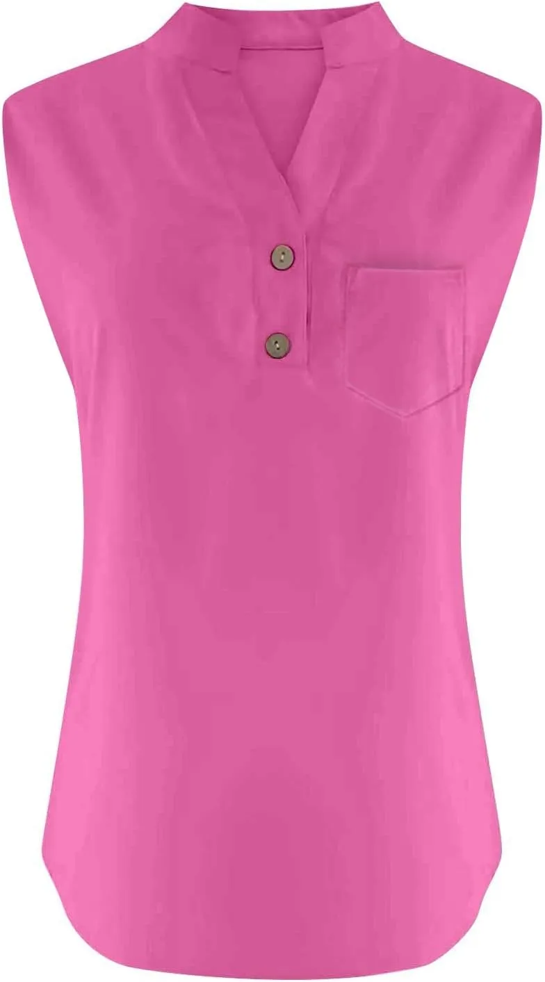 Women Summer Linen Shirts Sleeveless Trendy V Neck Button Casual Tops with Pocket Loose Lightweight Blouses