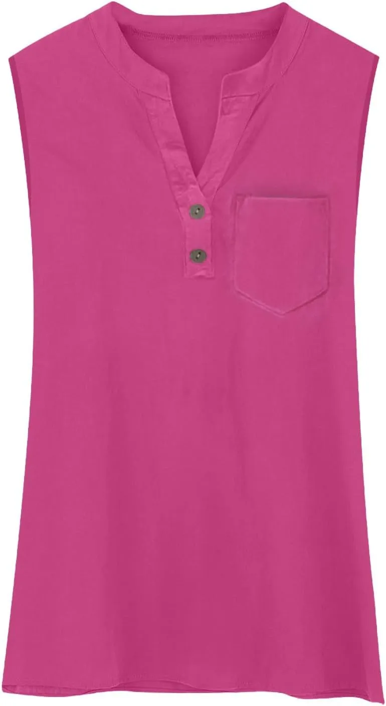 Women Summer Linen Shirts Sleeveless Trendy V Neck Button Casual Tops with Pocket Loose Lightweight Blouses