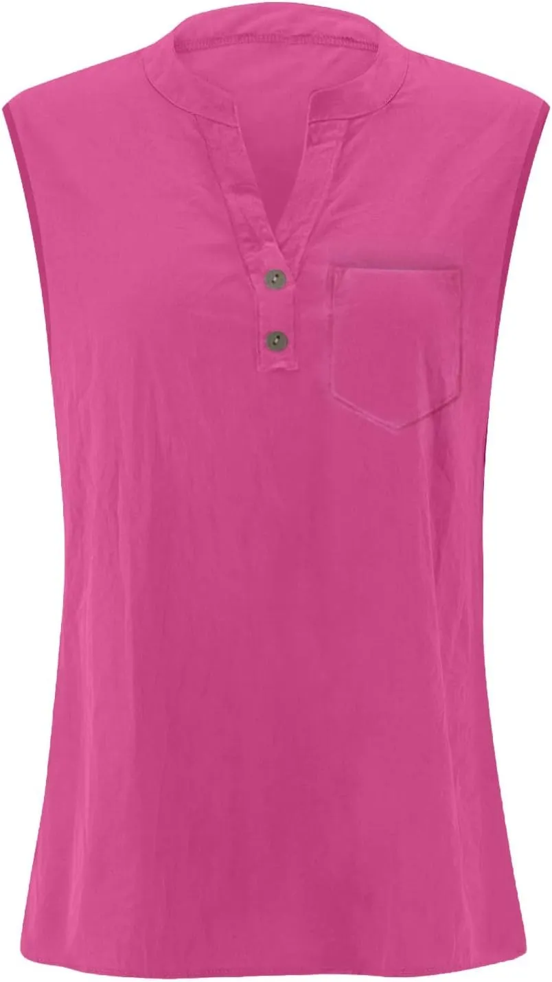 Women Summer Linen Shirts Sleeveless Trendy V Neck Button Casual Tops with Pocket Loose Lightweight Blouses