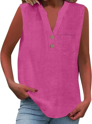 Women Summer Linen Shirts Sleeveless Trendy V Neck Button Casual Tops with Pocket Loose Lightweight Blouses