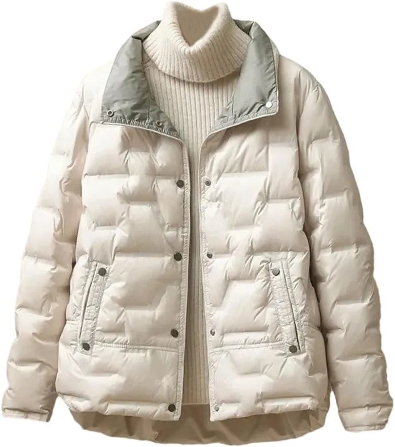 Women Winter White Duck Down Coat Lapel Single Breasted Jacket Light Puffer Parka Outwear