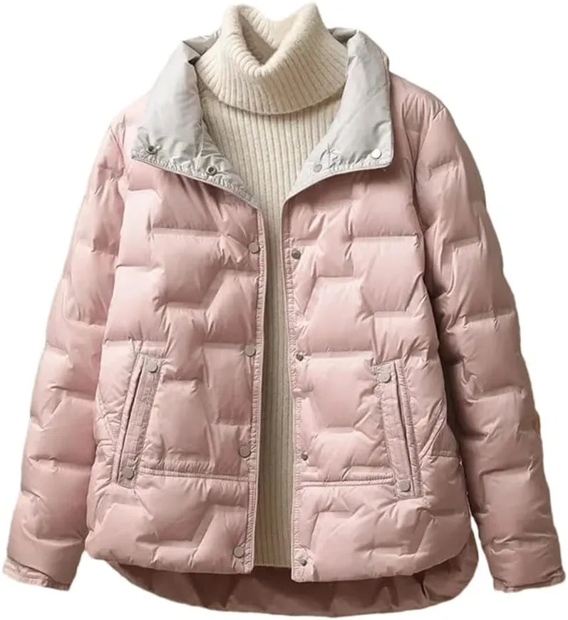 Women Winter White Duck Down Coat Lapel Single Breasted Jacket Light Puffer Parka Outwear