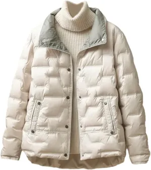 Women Winter White Duck Down Coat Lapel Single Breasted Jacket Light Puffer Parka Outwear