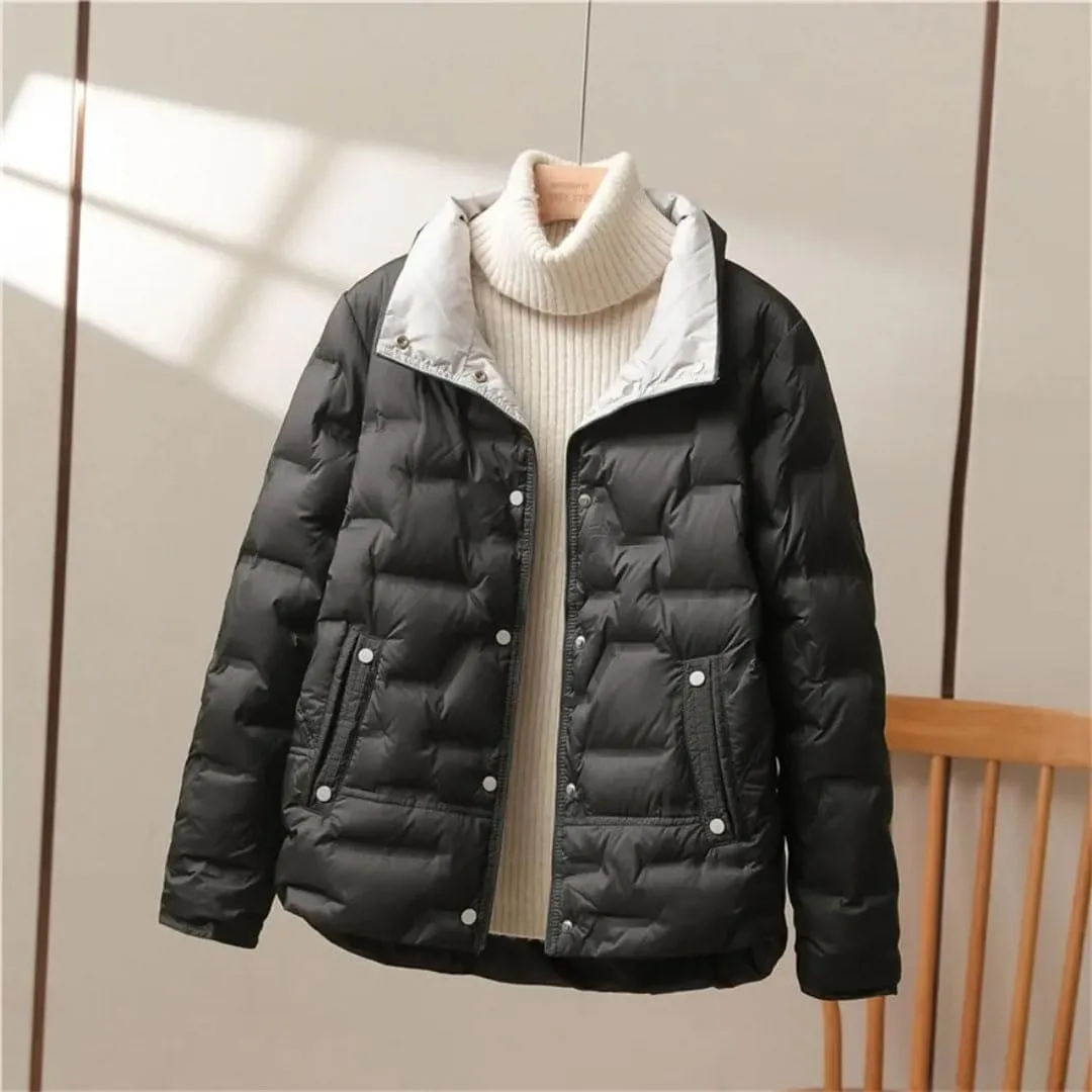 Women Winter White Duck Down Coat Lapel Single Breasted Jacket Light Puffer Parka Outwear