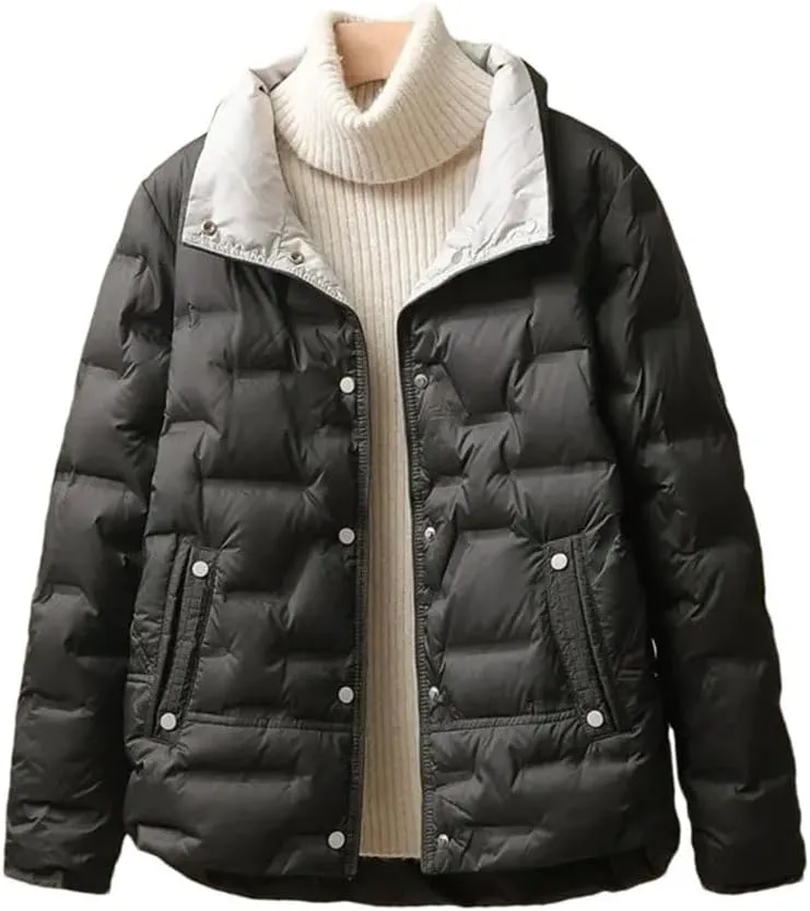 Women Winter White Duck Down Coat Lapel Single Breasted Jacket Light Puffer Parka Outwear