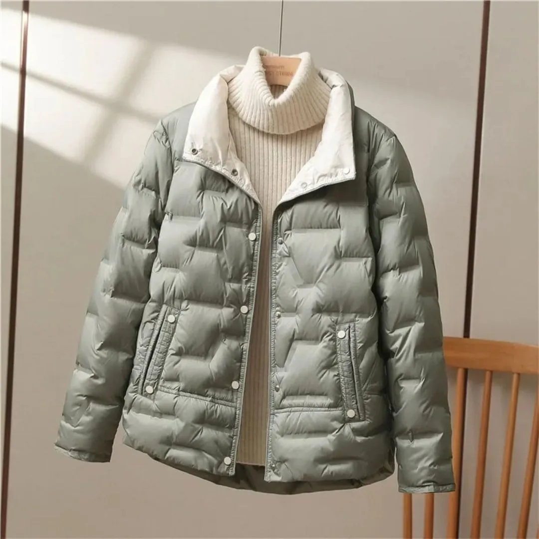 Women Winter White Duck Down Coat Lapel Single Breasted Jacket Light Puffer Parka Outwear