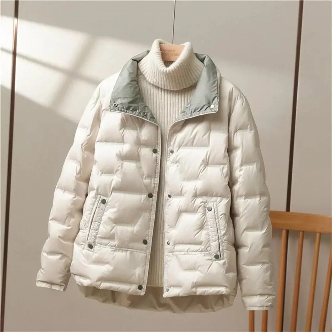 Women Winter White Duck Down Coat Lapel Single Breasted Jacket Light Puffer Parka Outwear