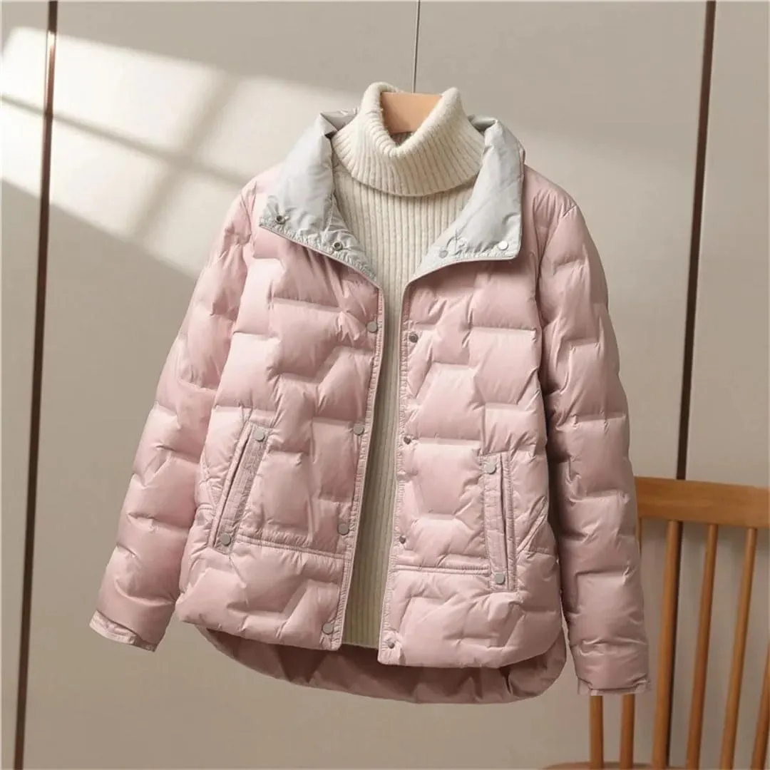 Women Winter White Duck Down Coat Lapel Single Breasted Jacket Light Puffer Parka Outwear