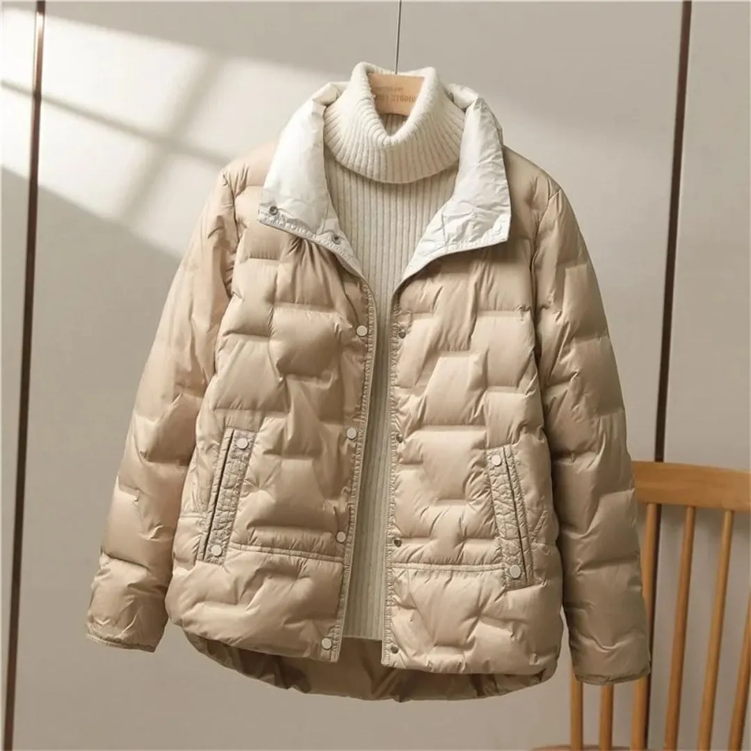 Women Winter White Duck Down Coat Lapel Single Breasted Jacket Light Puffer Parka Outwear