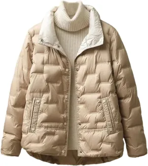 Women Winter White Duck Down Coat Lapel Single Breasted Jacket Light Puffer Parka Outwear