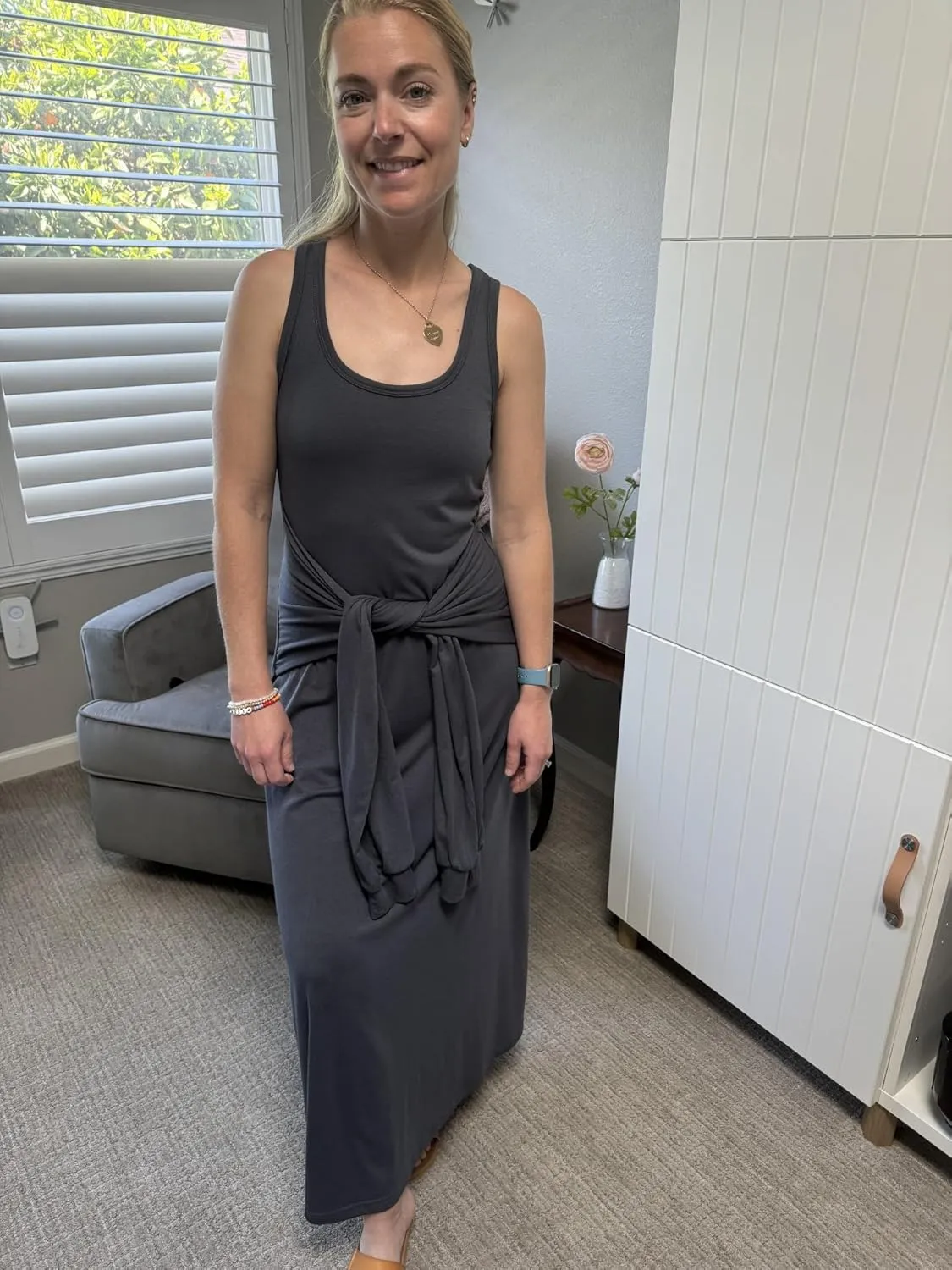 Women's 2025 Summer Maxi Tshirt Dress Tie Waist Casual Slim Fit Sleeveless Tank Long Beach Dresses