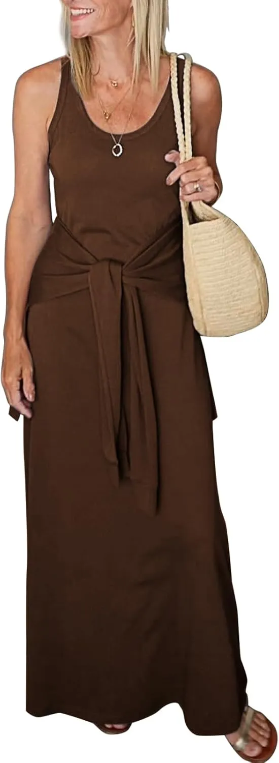 Women's 2025 Summer Maxi Tshirt Dress Tie Waist Casual Slim Fit Sleeveless Tank Long Beach Dresses