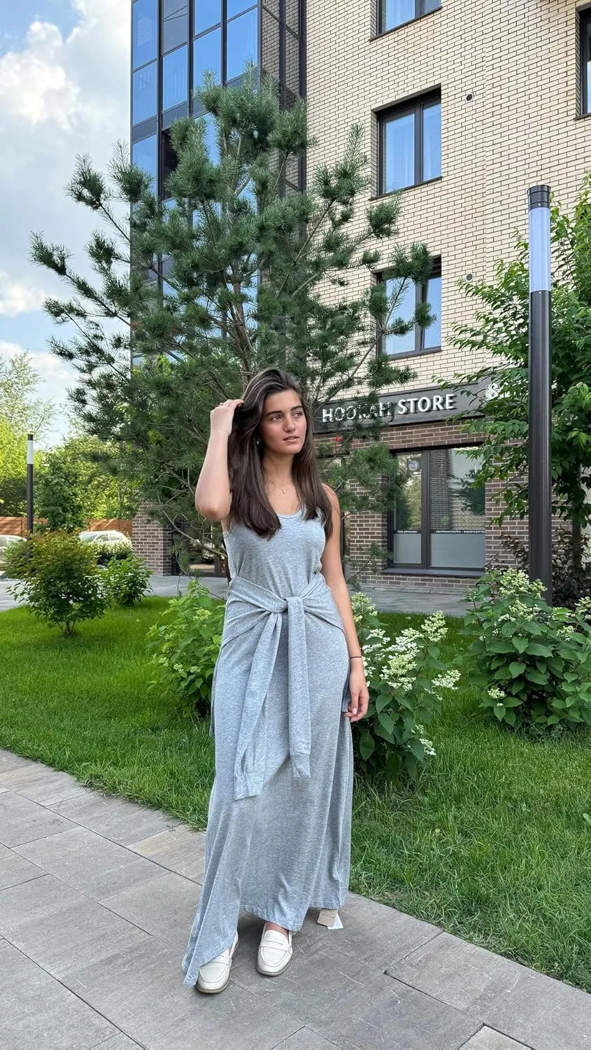 Women's 2025 Summer Maxi Tshirt Dress Tie Waist Casual Slim Fit Sleeveless Tank Long Beach Dresses