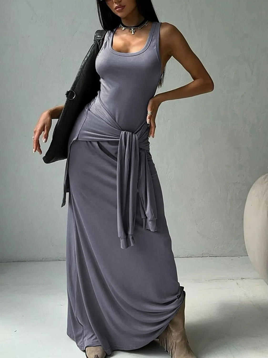 Women's 2025 Summer Maxi Tshirt Dress Tie Waist Casual Slim Fit Sleeveless Tank Long Beach Dresses