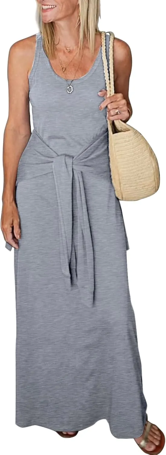 Women's 2025 Summer Maxi Tshirt Dress Tie Waist Casual Slim Fit Sleeveless Tank Long Beach Dresses