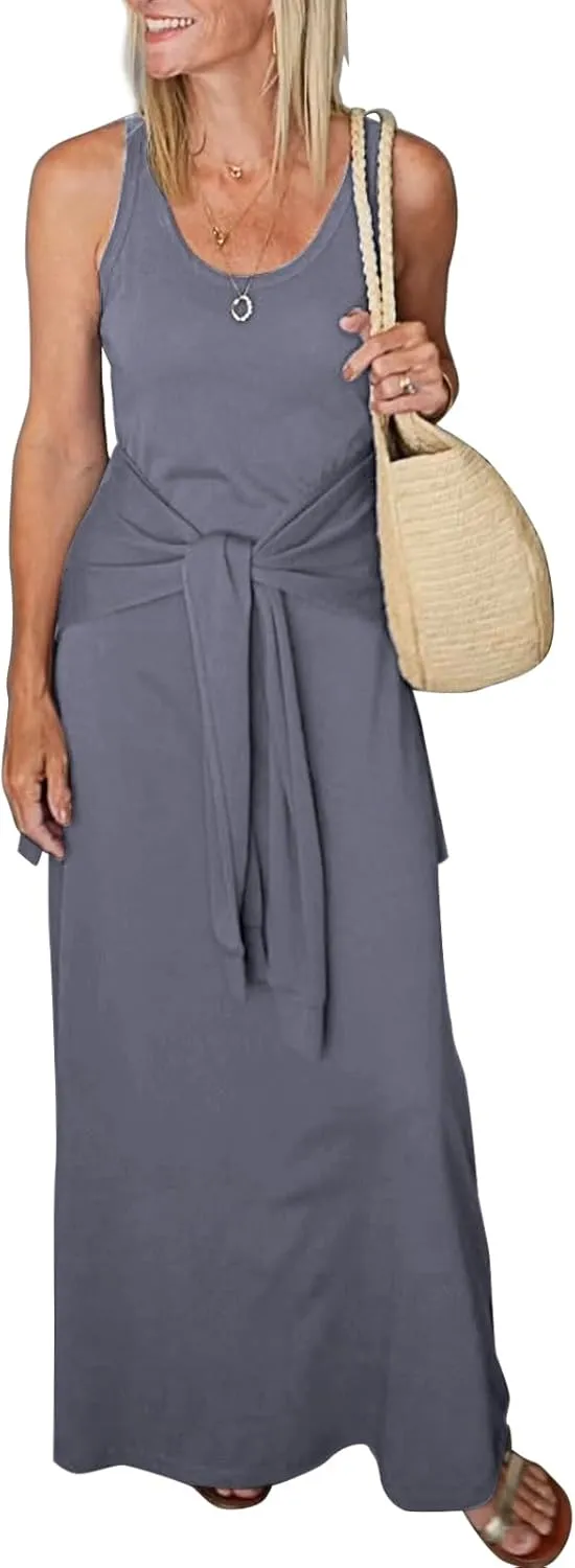 Women's 2025 Summer Maxi Tshirt Dress Tie Waist Casual Slim Fit Sleeveless Tank Long Beach Dresses