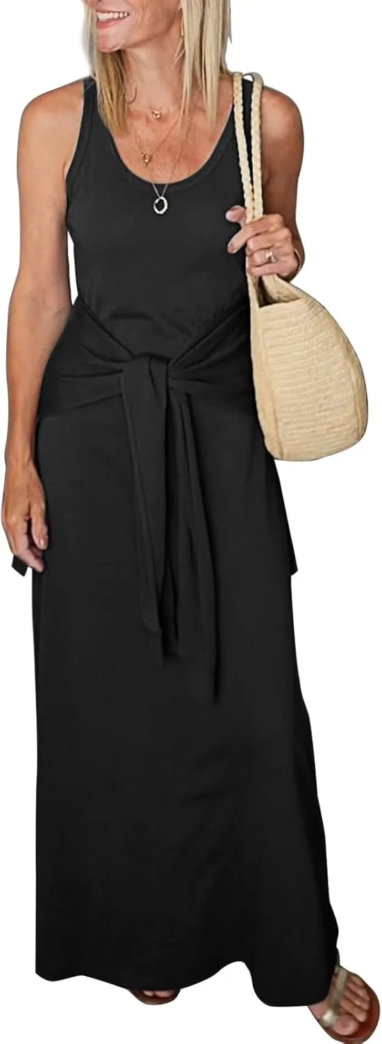 Women's 2025 Summer Maxi Tshirt Dress Tie Waist Casual Slim Fit Sleeveless Tank Long Beach Dresses