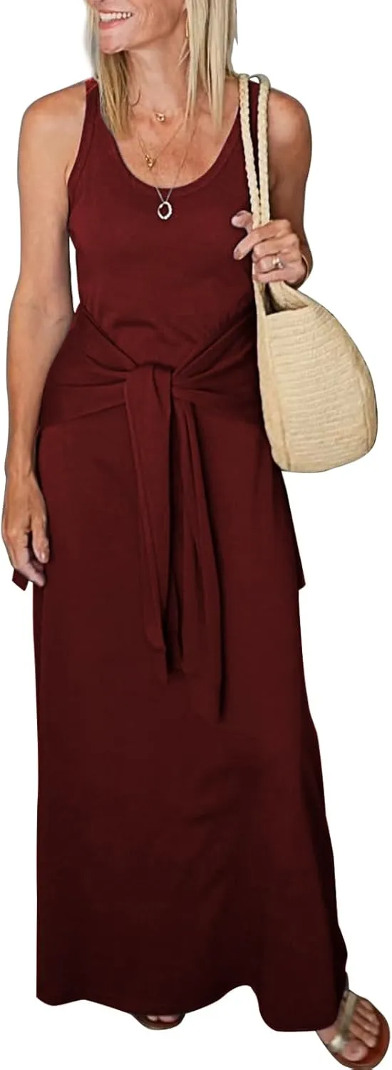 Women's 2025 Summer Maxi Tshirt Dress Tie Waist Casual Slim Fit Sleeveless Tank Long Beach Dresses
