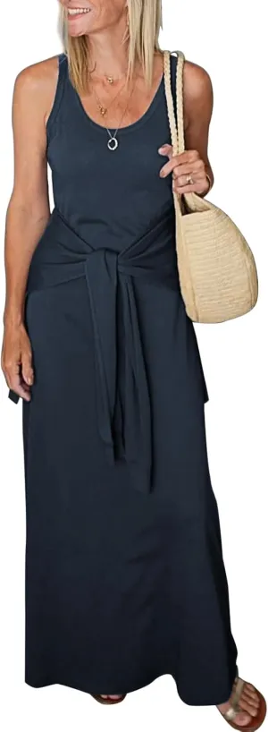 Women's 2025 Summer Maxi Tshirt Dress Tie Waist Casual Slim Fit Sleeveless Tank Long Beach Dresses