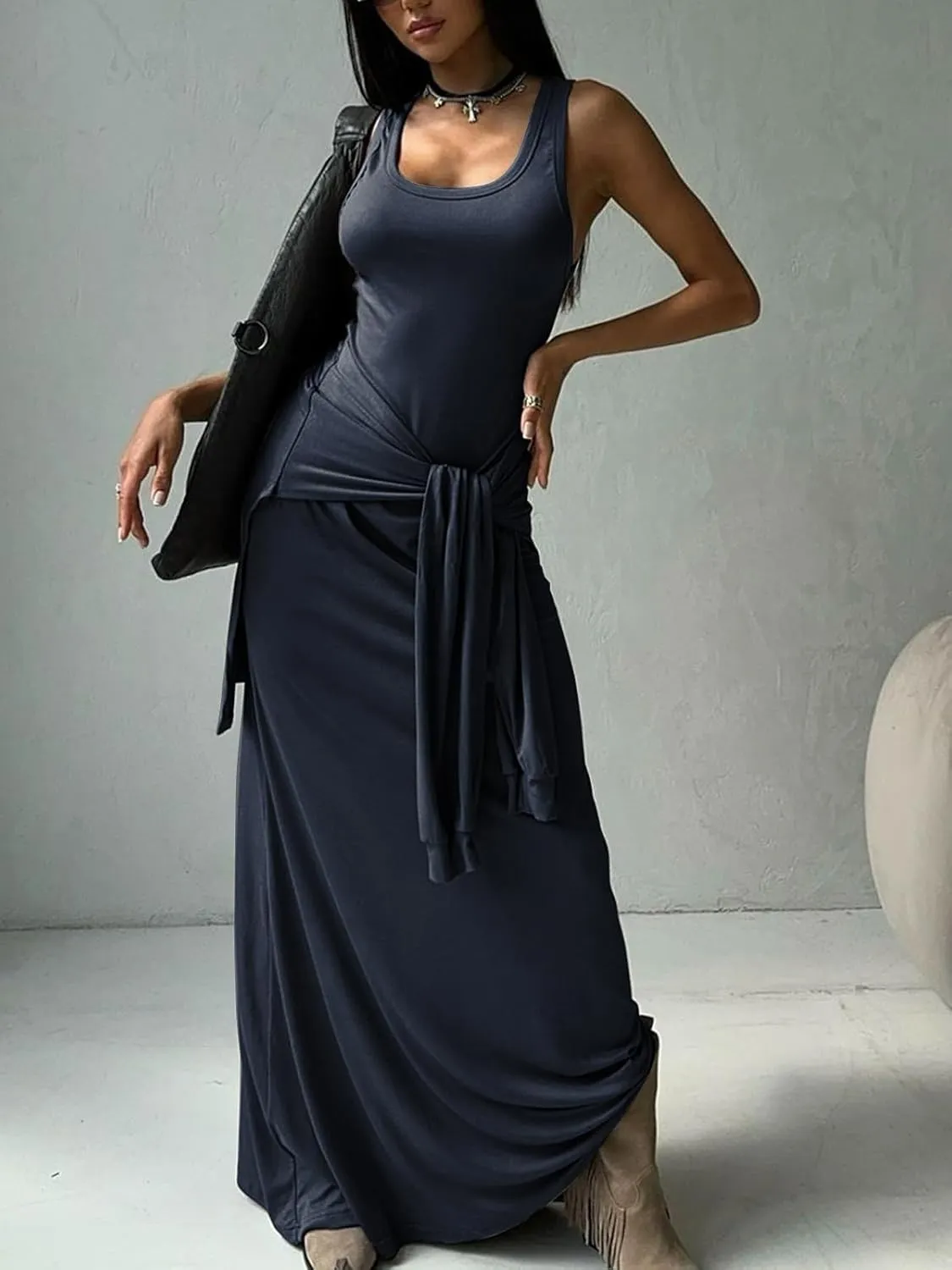 Women's 2025 Summer Maxi Tshirt Dress Tie Waist Casual Slim Fit Sleeveless Tank Long Beach Dresses