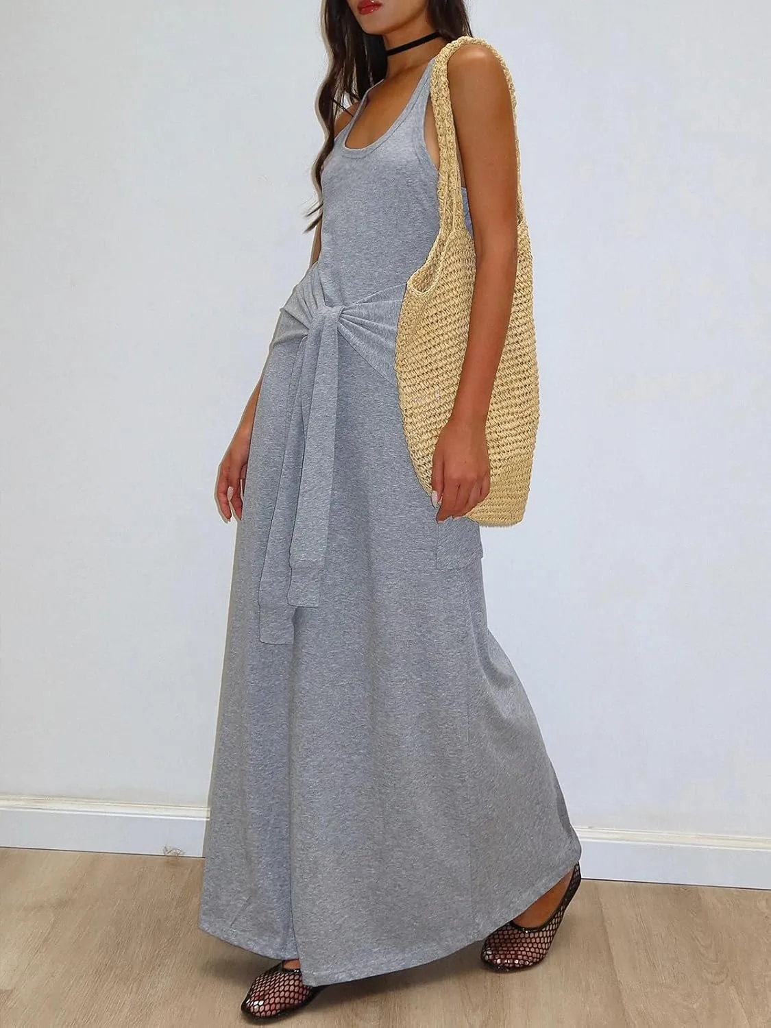 Women's 2025 Summer Maxi Tshirt Dress Tie Waist Casual Slim Fit Sleeveless Tank Long Beach Dresses