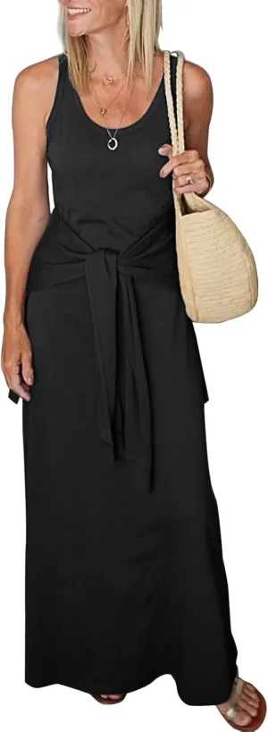 Women's 2025 Summer Maxi Tshirt Dress Tie Waist Casual Slim Fit Sleeveless Tank Long Beach Dresses
