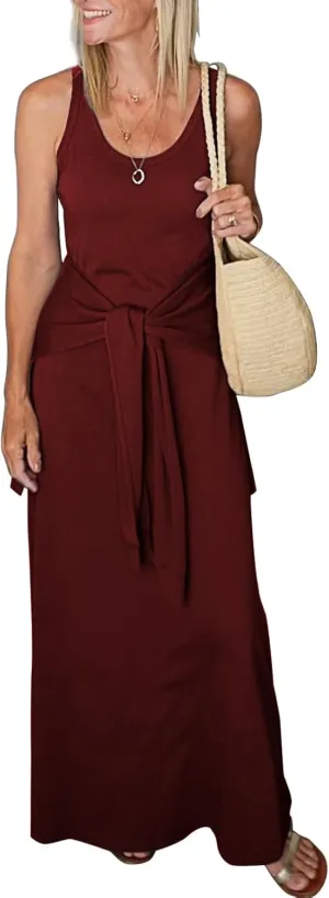 Women's 2025 Summer Maxi Tshirt Dress Tie Waist Casual Slim Fit Sleeveless Tank Long Beach Dresses