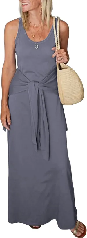 Women's 2025 Summer Maxi Tshirt Dress Tie Waist Casual Slim Fit Sleeveless Tank Long Beach Dresses